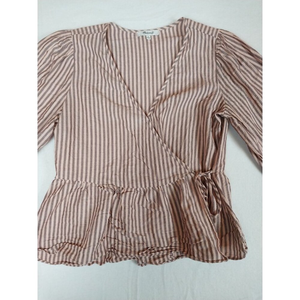 Madewell Puff-Sleeve Peplum Wrap Top in Stripe Sz S - Picture 4 of 11